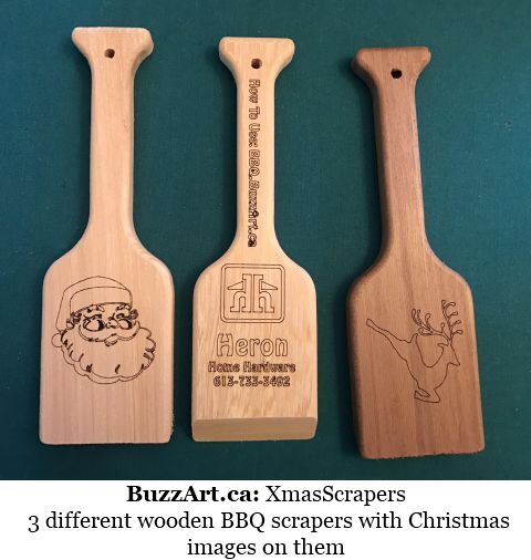 3 different wooden BBQ scrapers with Christmas images on them
